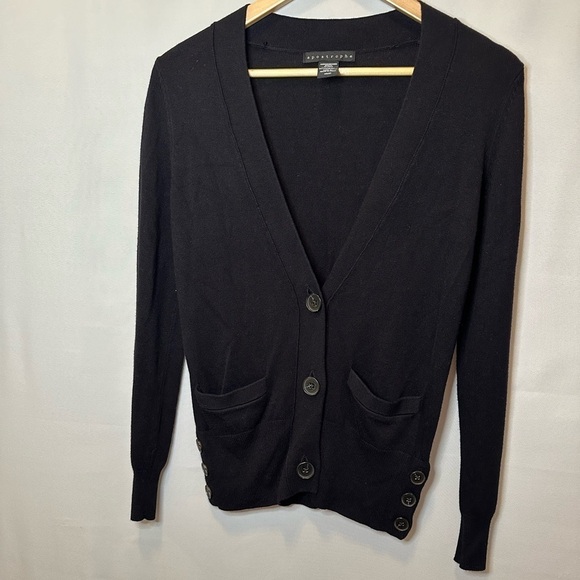 Apostrophe Sweater Cardigan Knit Front Buttons Pockets Black XS Preppy Stretchy - Picture 2 of 9